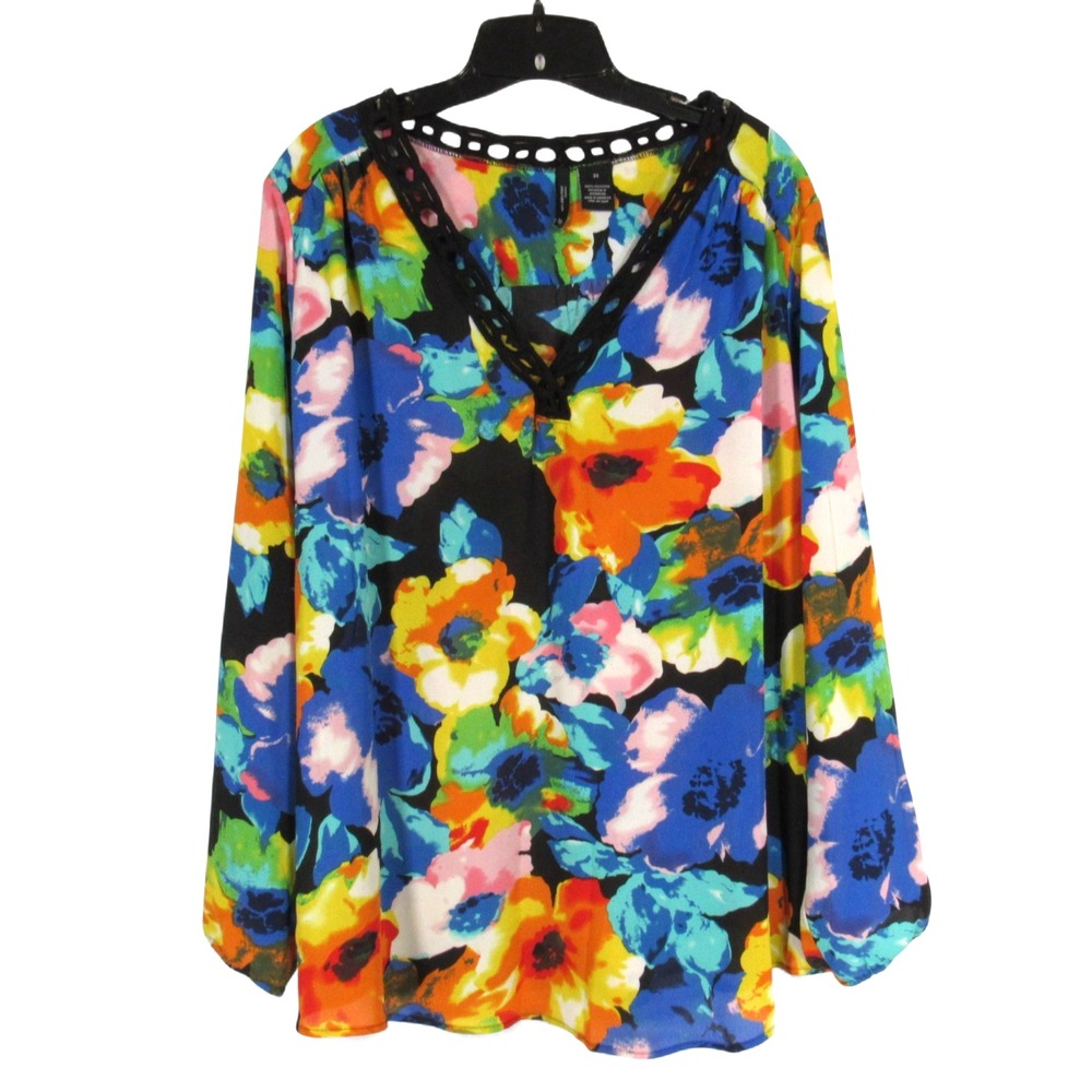 NEW DIRECTIONS Thin GEORGETTE Multicolor FLORAL Crochet V-Neck BLOUSE/TOP Sz 3X